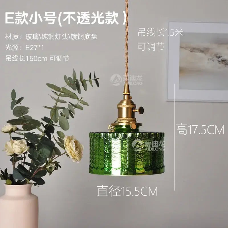 Green Glass Pendant Light with Brass Hardware