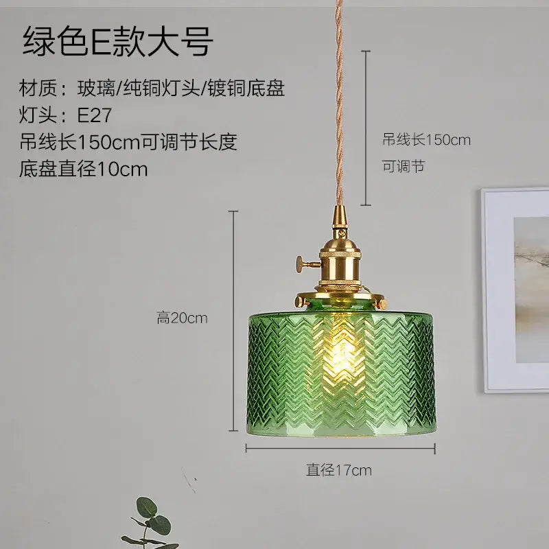 Green Glass Pendant Light with Brass Hardware