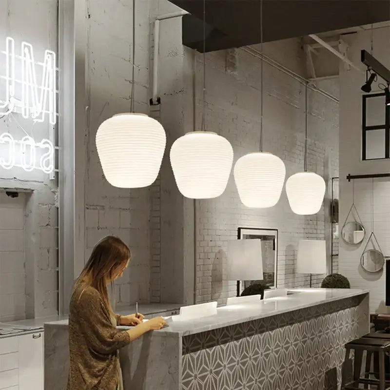 Off-White Glass Pendant with Cocoon Ribbed Shape