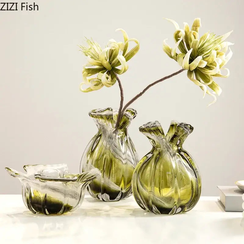 Green Glass Vase Set for Hydroponics and Flowers