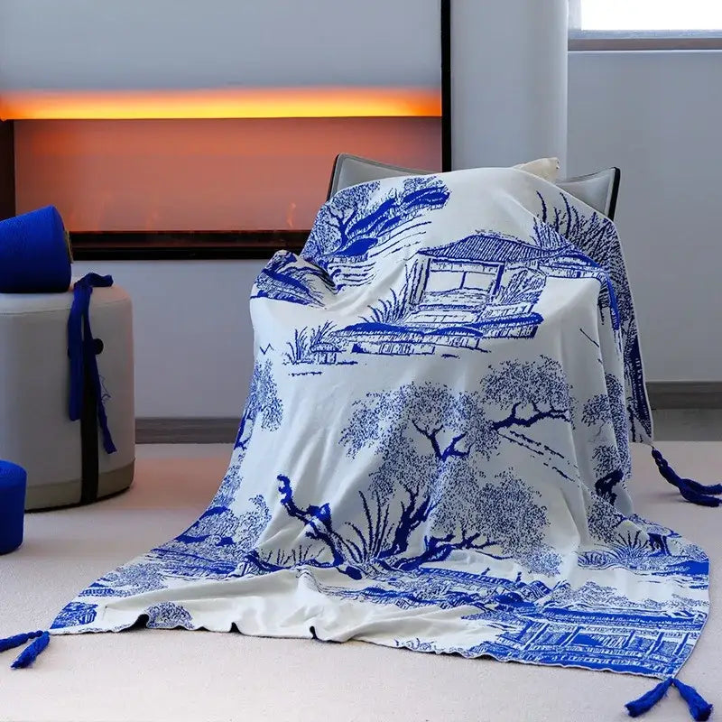 Blue Knitted Sofa Blanket