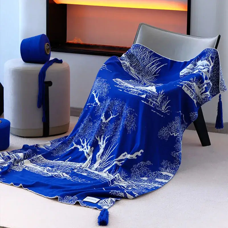 Blue Knitted Sofa Blanket