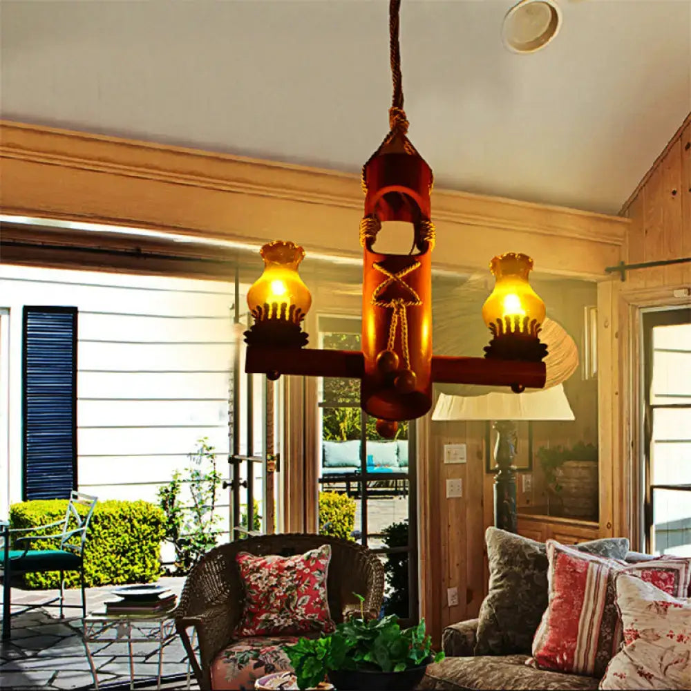 Amber Glass Wooden Chandelier