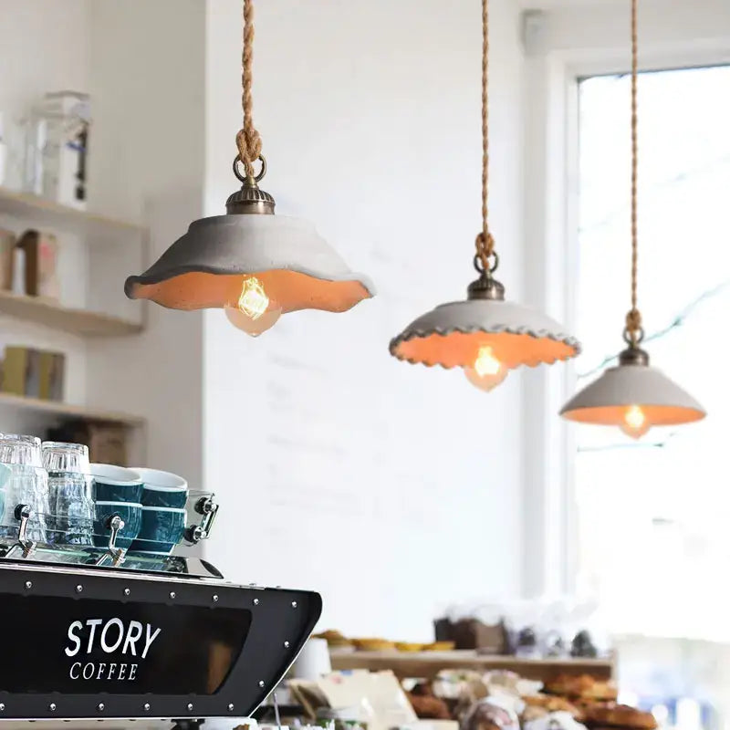 White Ceramic Pendant Light with Twisted Rope