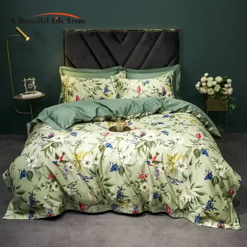 Green Floral Bird 1400TC Cotton Bedding