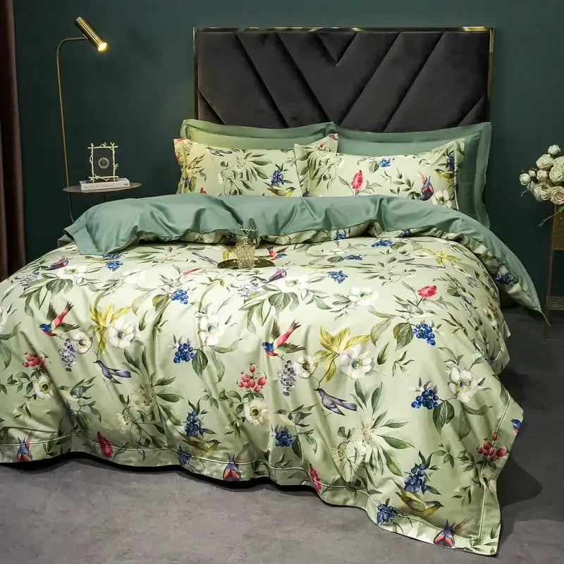 Green Floral Bird 1400TC Cotton Bedding