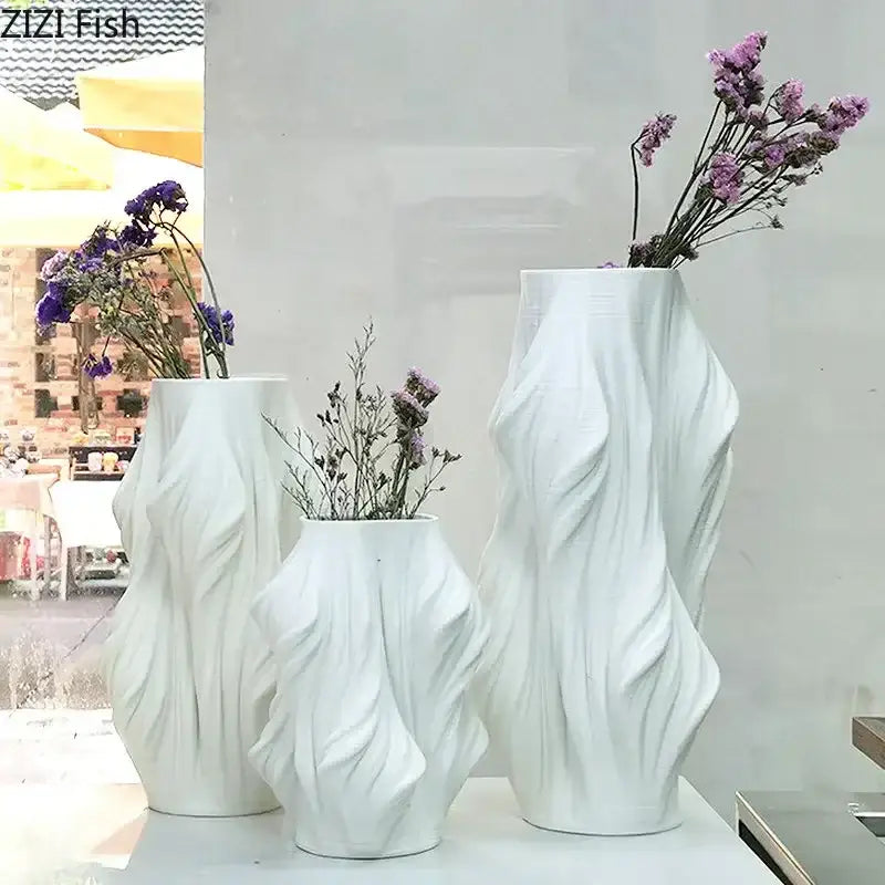 White Ceramic Vase Set with Purple Flowers