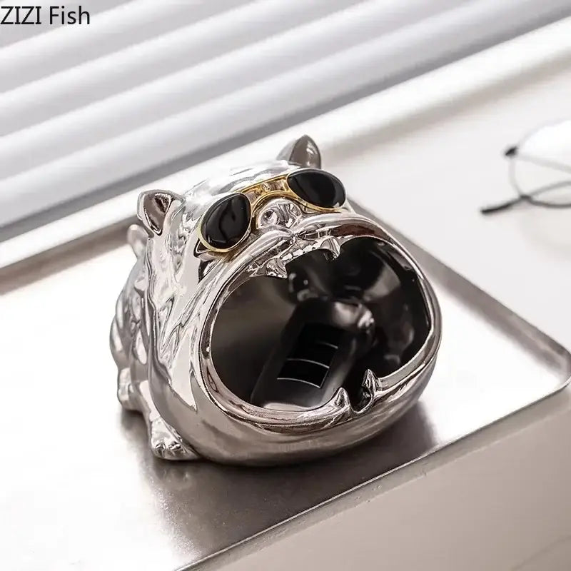 Silver Ceramic Bulldog Ashtray