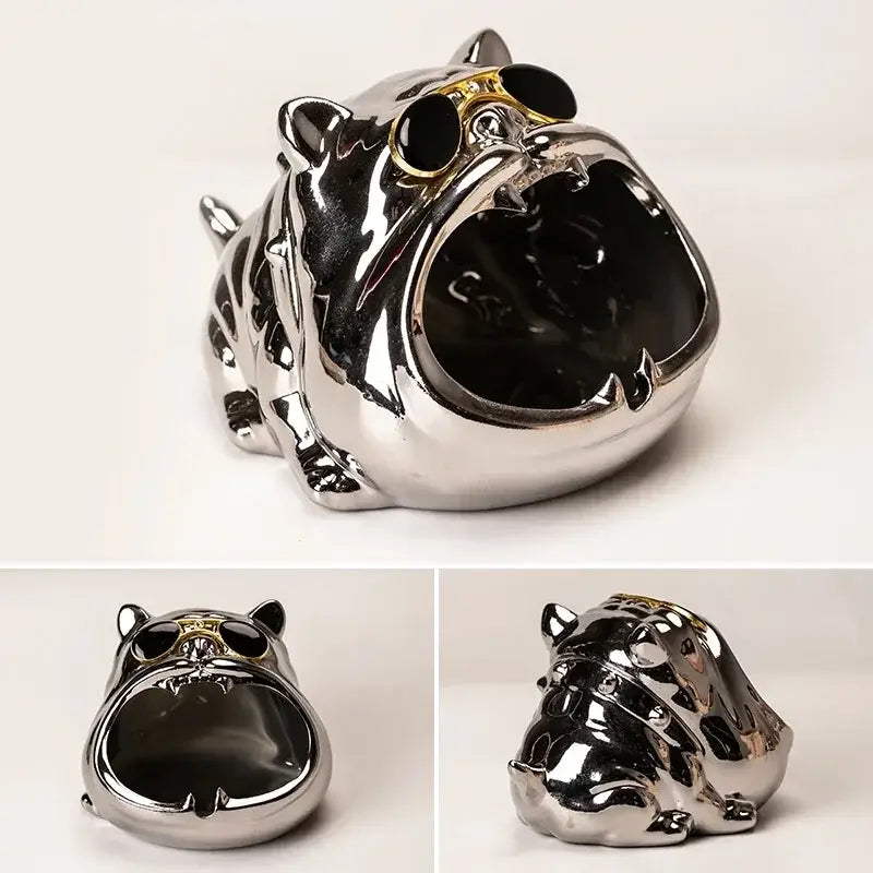 Silver Ceramic Bulldog Ashtray