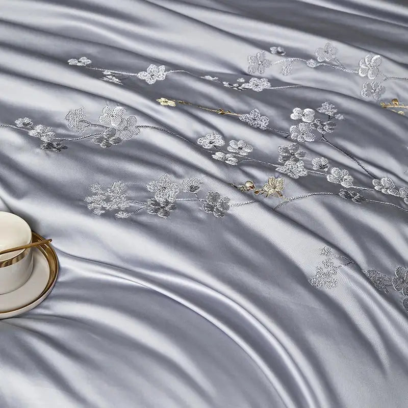 Silver Floral Embroidery 1000TC Bedding Set
