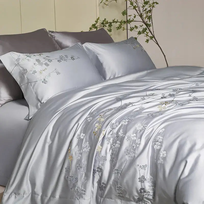 Silver Floral Embroidery 1000TC Bedding Set