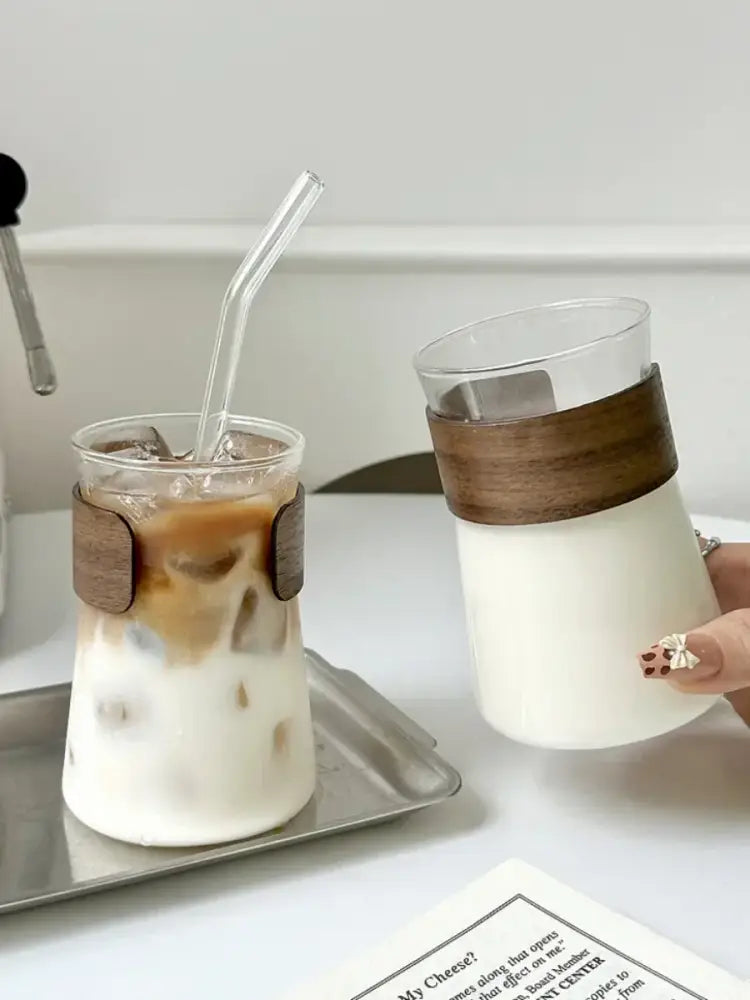 Glass Latte Tumbler Wood Band