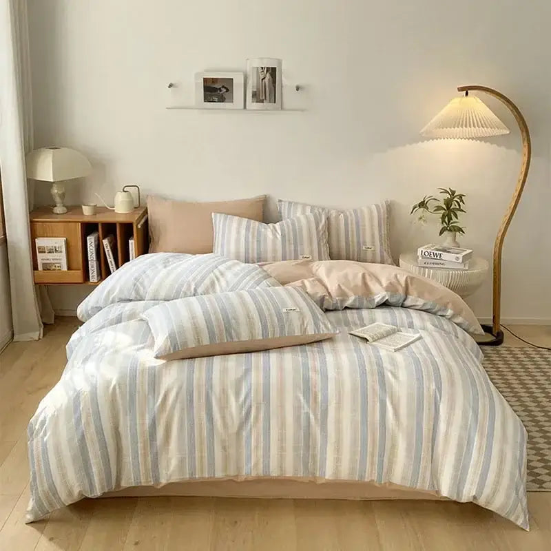 Beige Blue Cotton Bedding Set