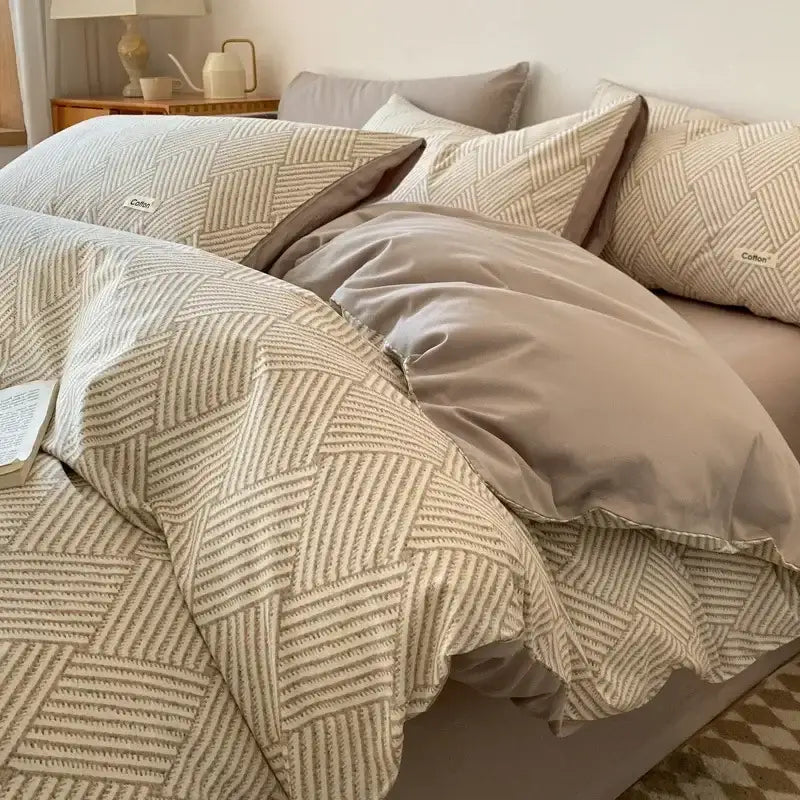 Beige Blue Cotton Bedding Set