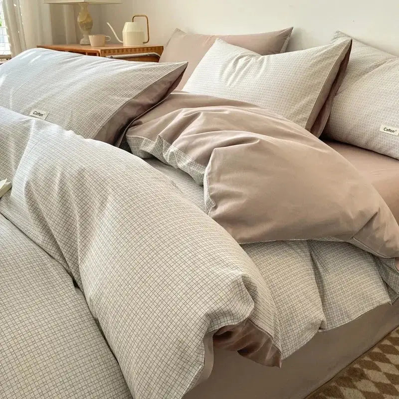Beige Blue Cotton Bedding Set