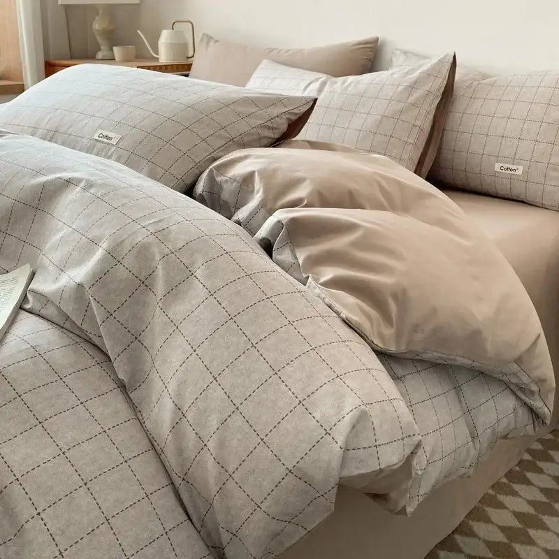 Beige Blue Cotton Bedding Set