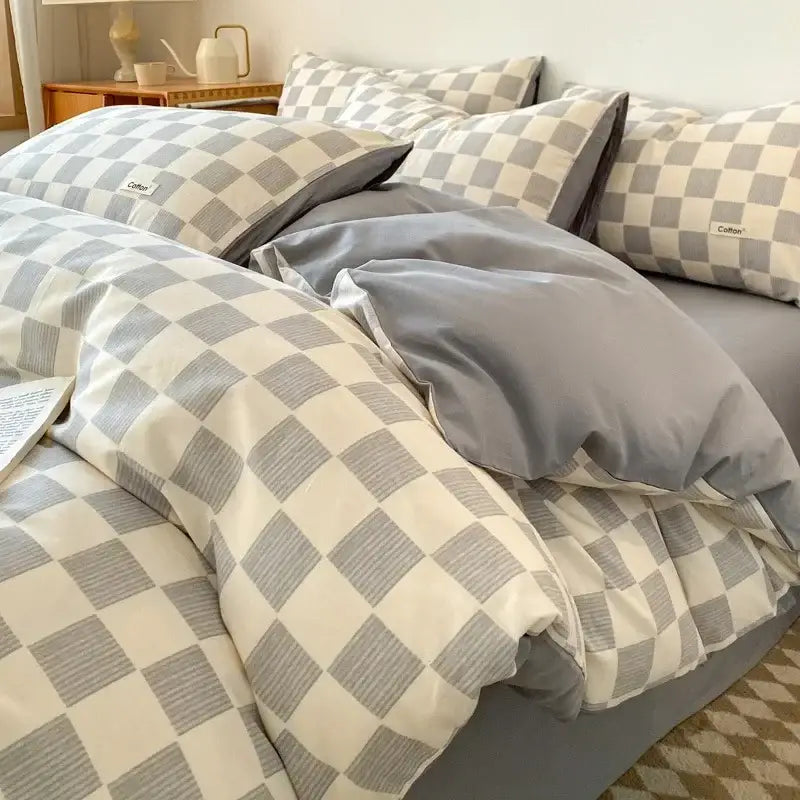 Beige Blue Cotton Bedding Set