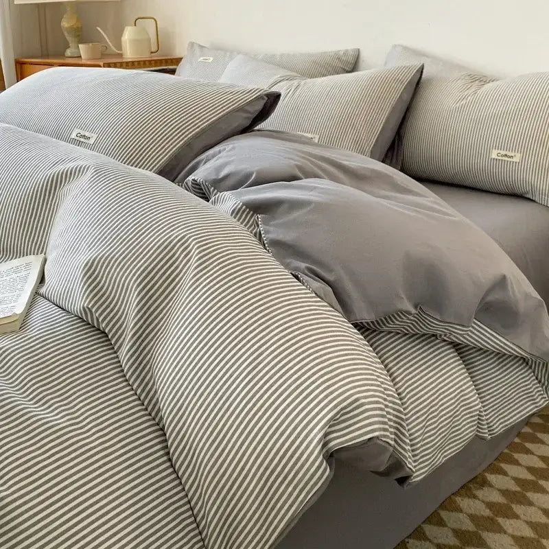 Beige Blue Cotton Bedding Set