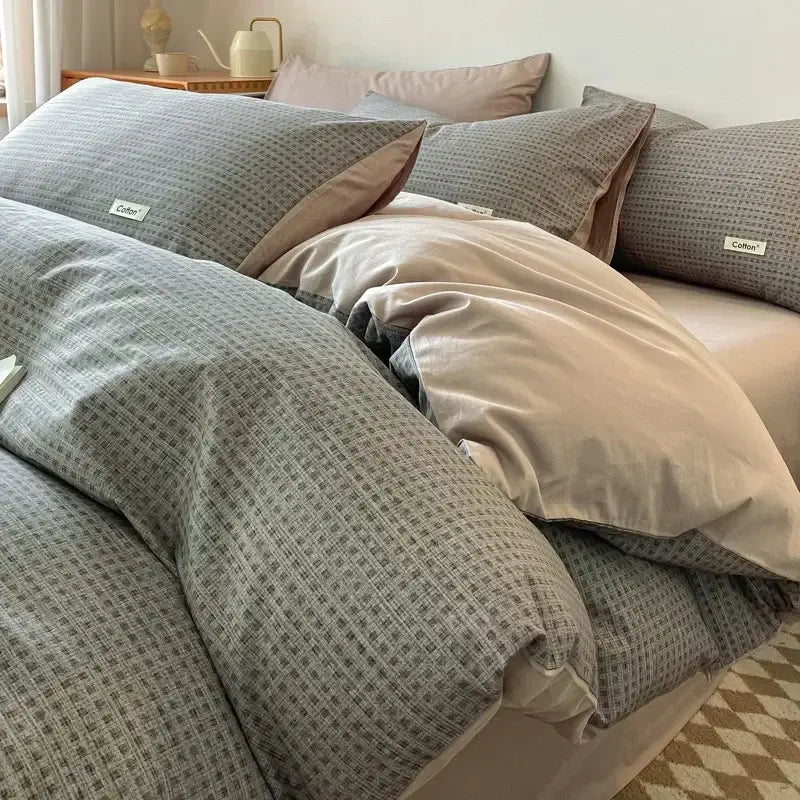 Beige Blue Cotton Bedding Set