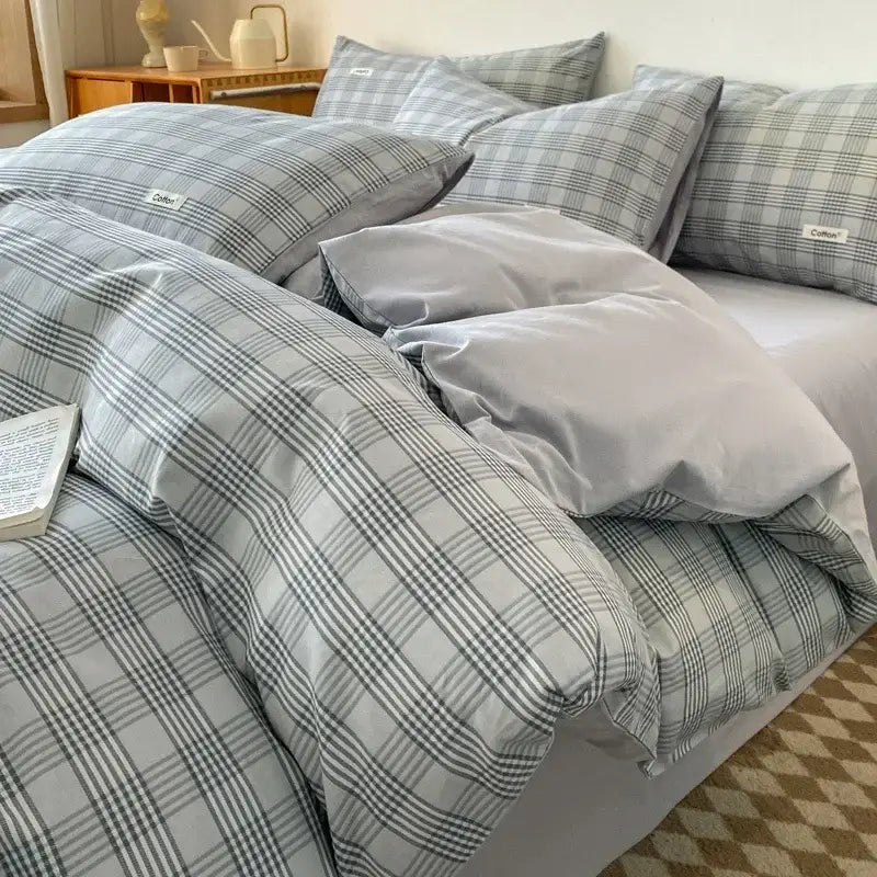 Beige Blue Cotton Bedding Set