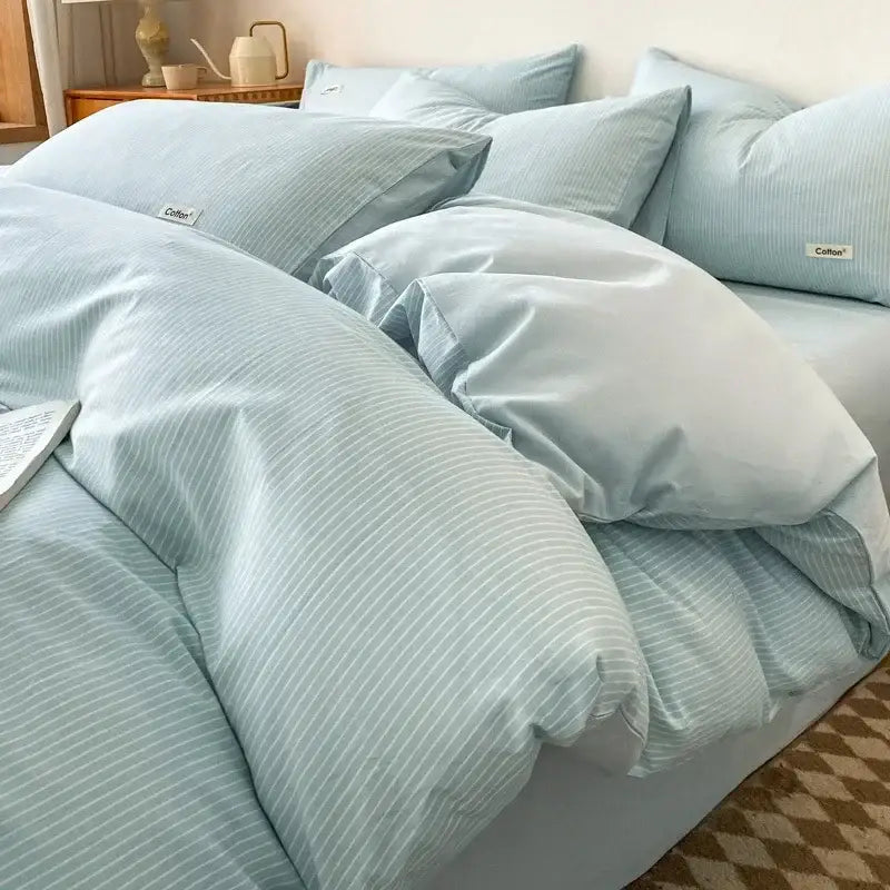 Beige Blue Cotton Bedding Set