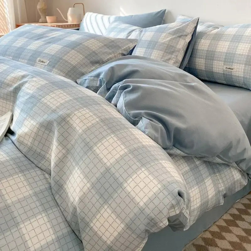 Beige Blue Cotton Bedding Set