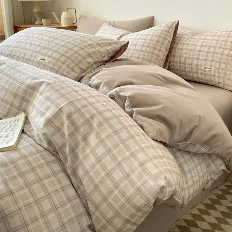 Beige Blue Cotton Bedding Set