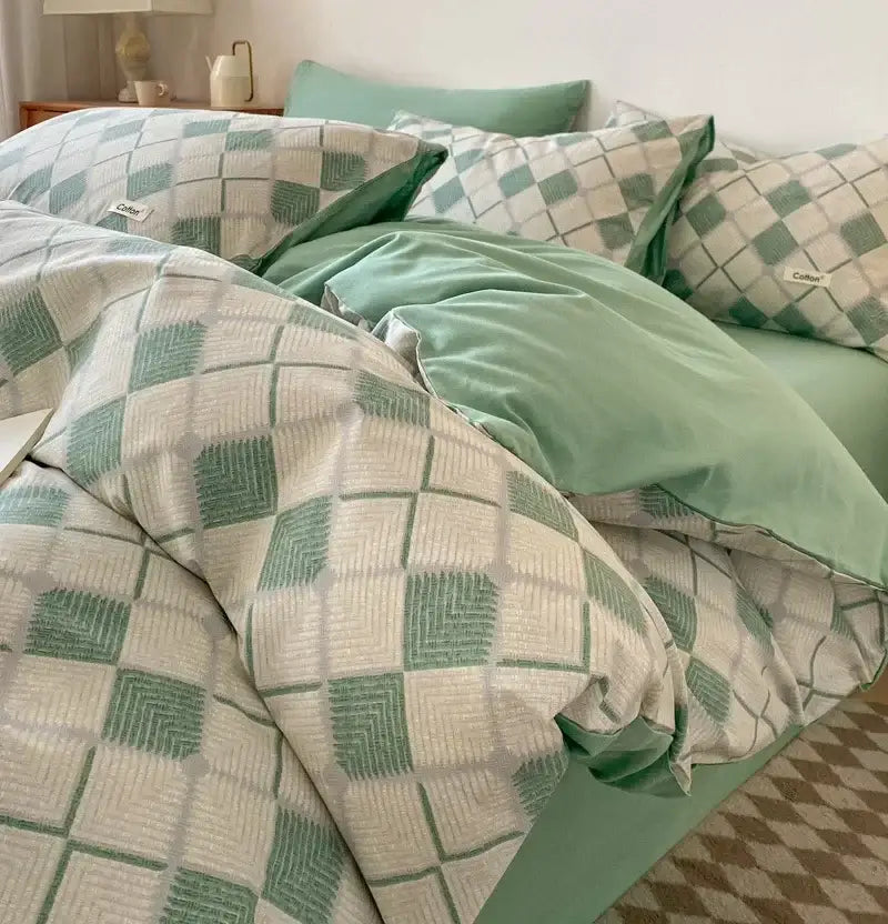 Beige Blue Cotton Bedding Set