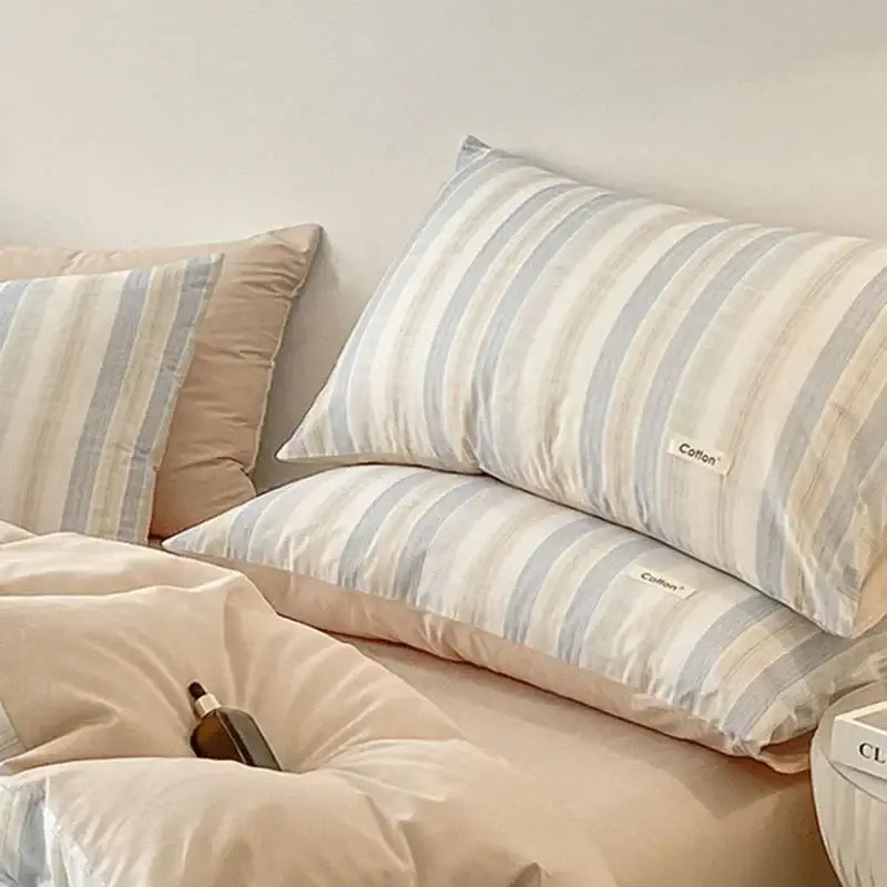 Beige Blue Cotton Bedding Set