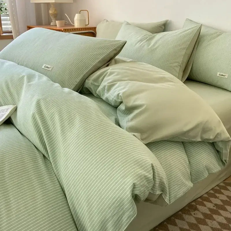 Beige Blue Cotton Bedding Set