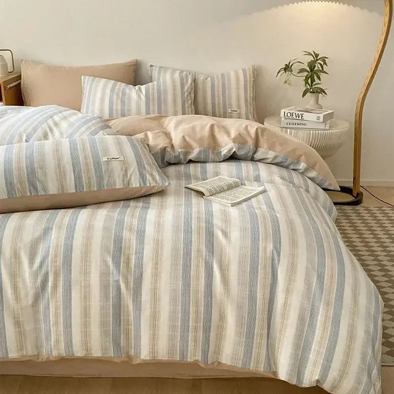 Beige Blue Cotton Bedding Set