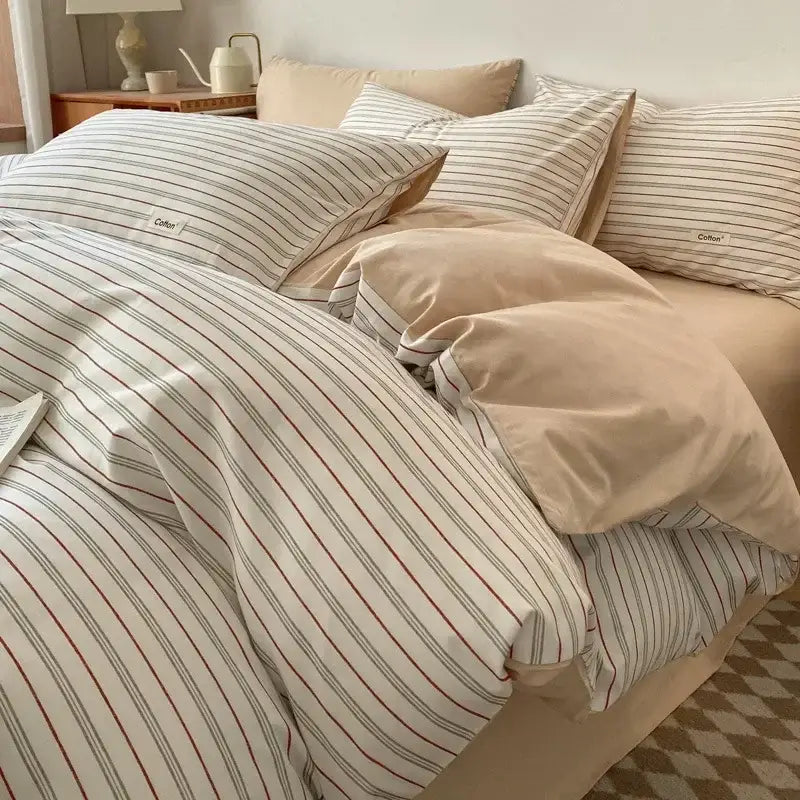 Beige Blue Cotton Bedding Set