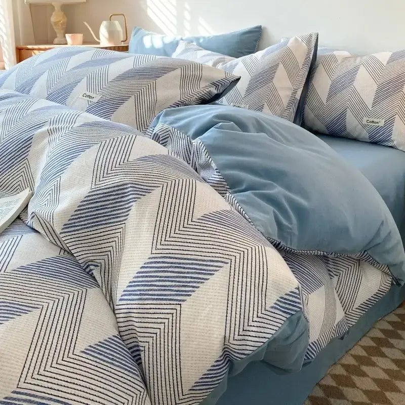 Beige Blue Cotton Bedding Set