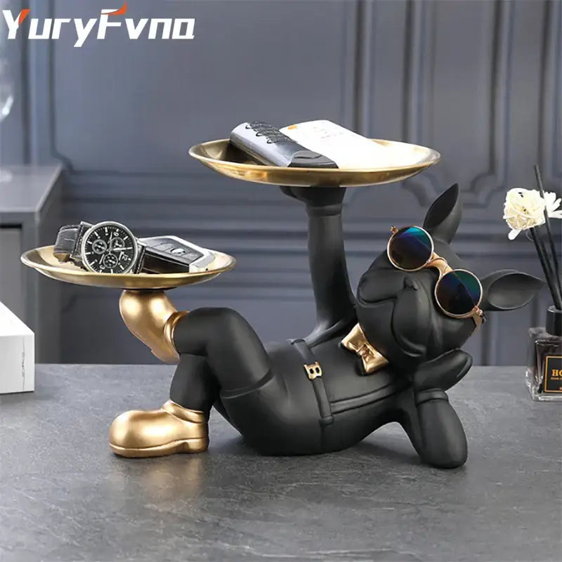 Black Gold Bulldog Figurine with Tray Function