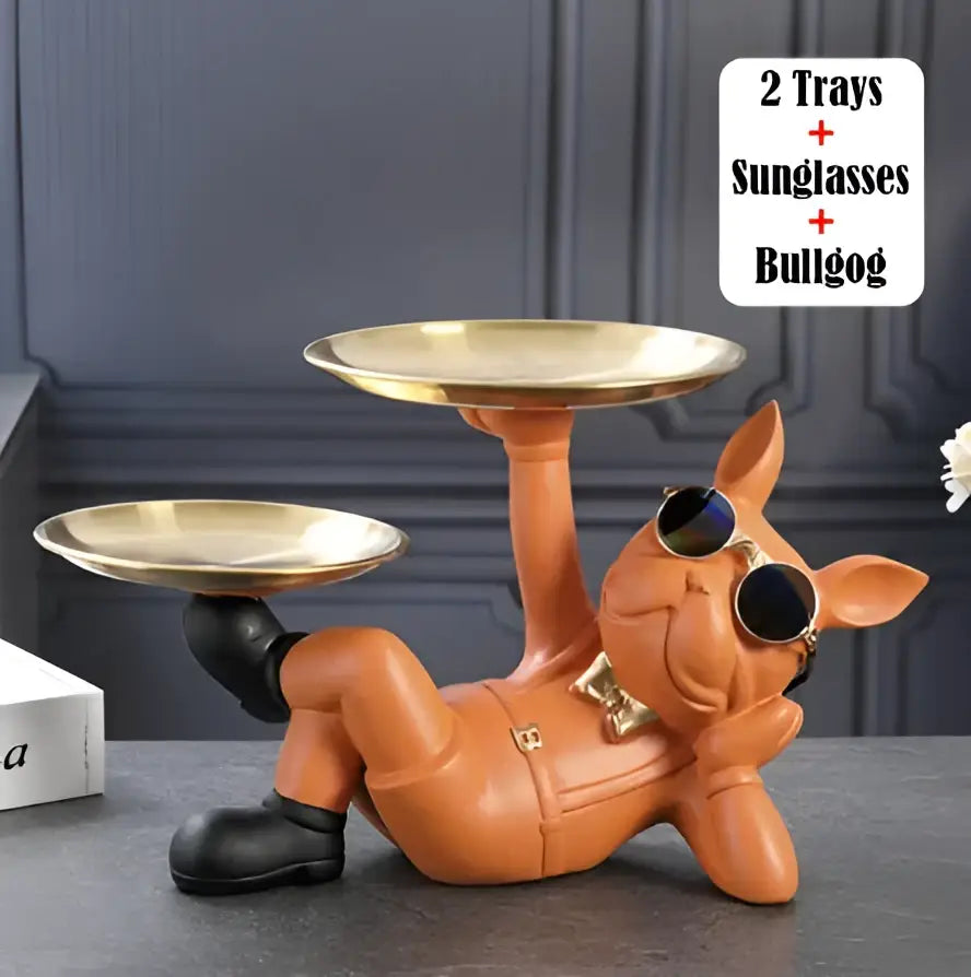 Black Gold Bulldog Figurine with Tray Function