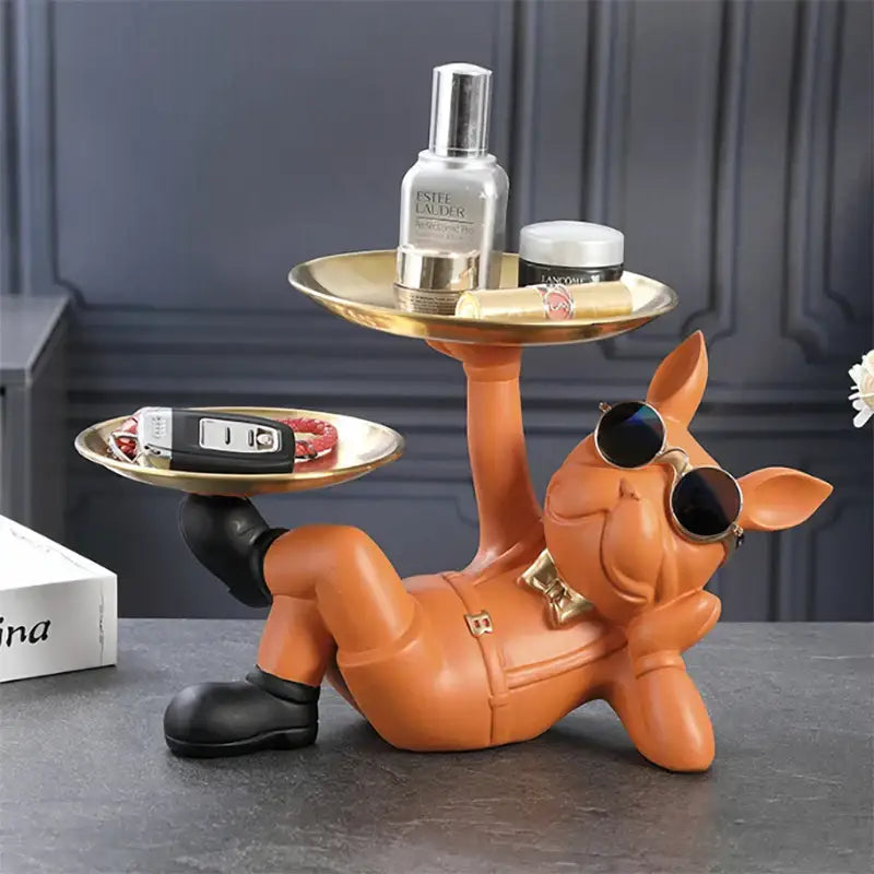Black Gold Bulldog Figurine with Tray Function