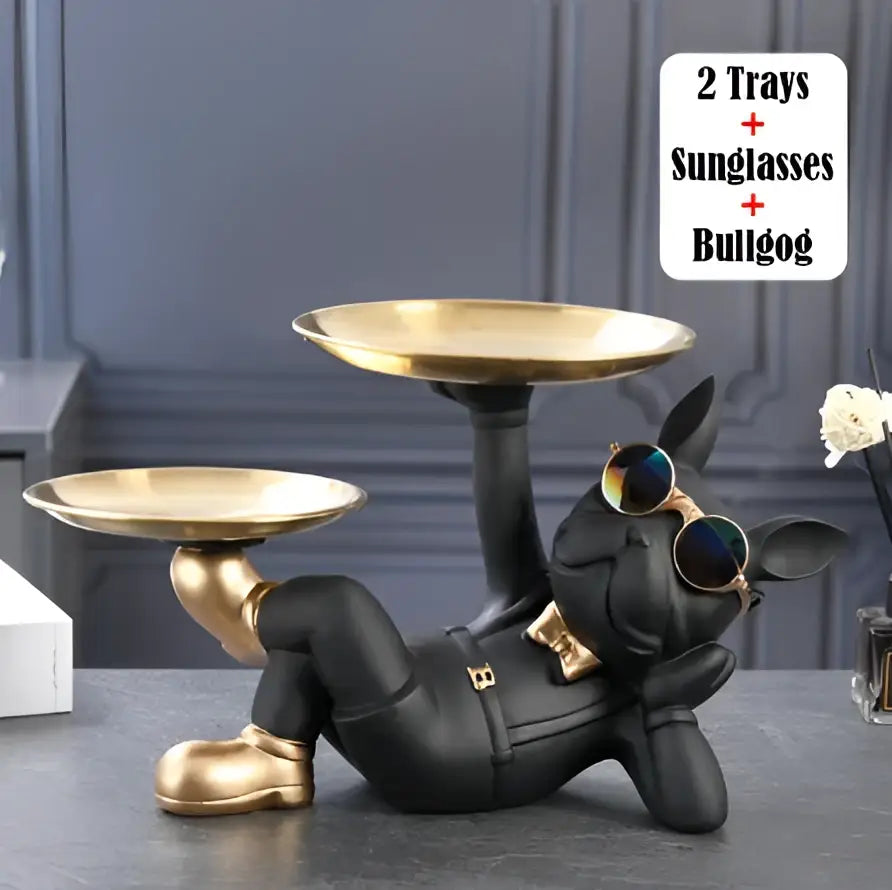 Black Gold Bulldog Figurine with Tray Function
