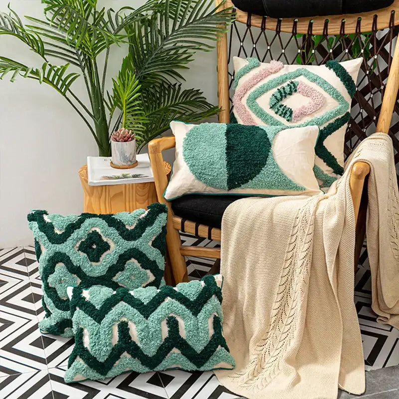 Teal Geometric Tassel Cushion