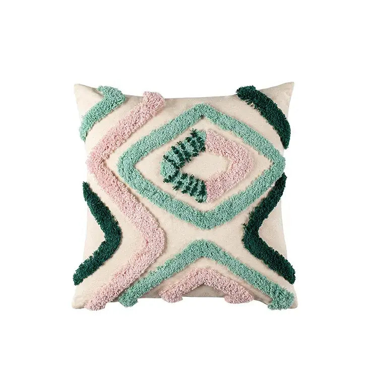 Teal Geometric Tassel Cushion