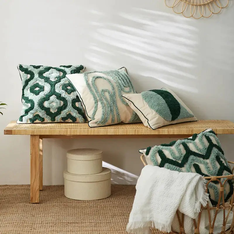 Teal Geometric Tassel Cushion