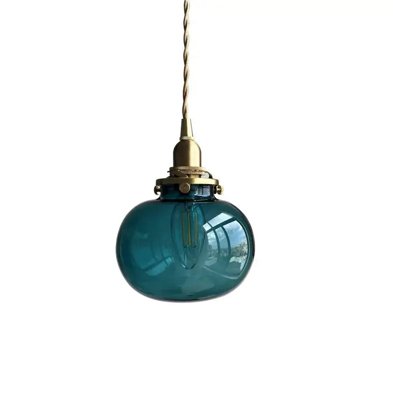 Teal Glass Pendant Light with Brass Hardware
