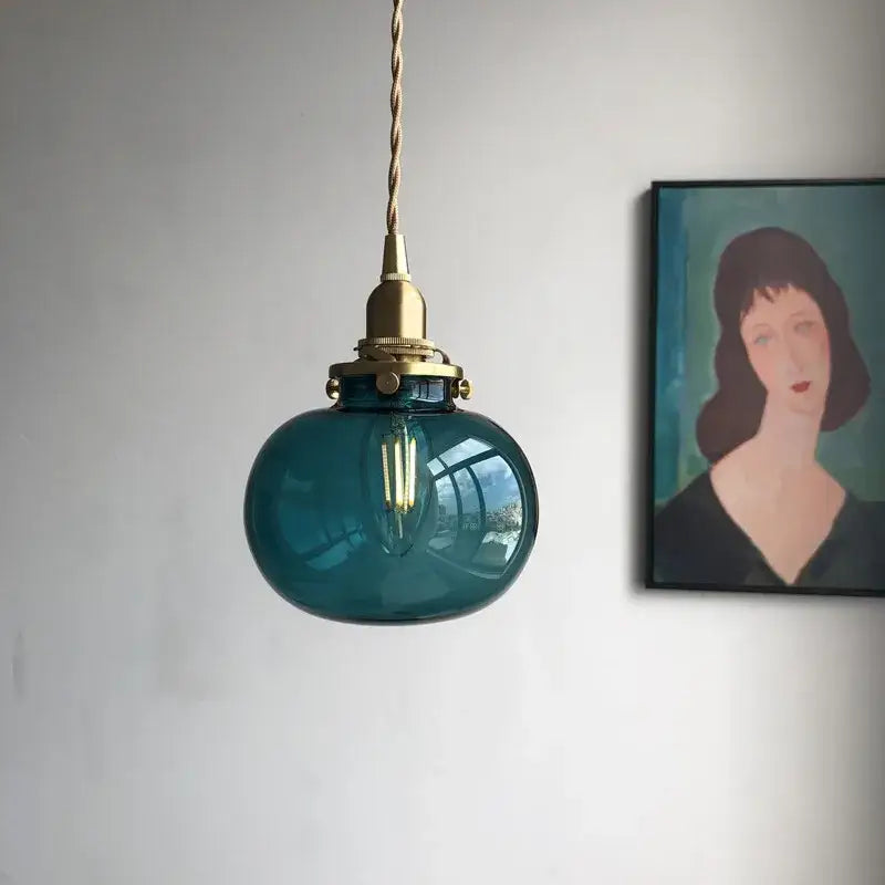 Teal Glass Pendant Light with Brass Hardware