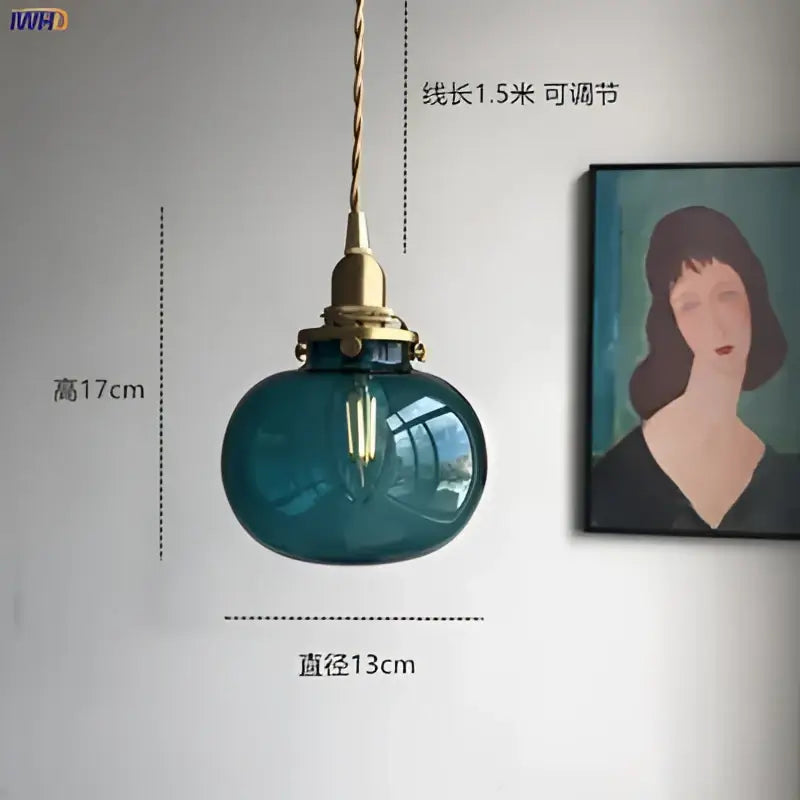 Teal Glass Pendant Light with Brass Hardware