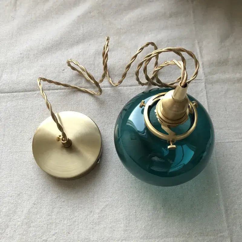 Teal Glass Pendant Light with Brass Hardware