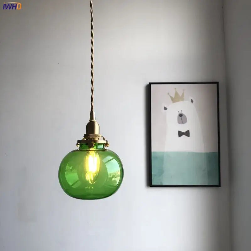 Teal Glass Pendant Light with Brass Hardware