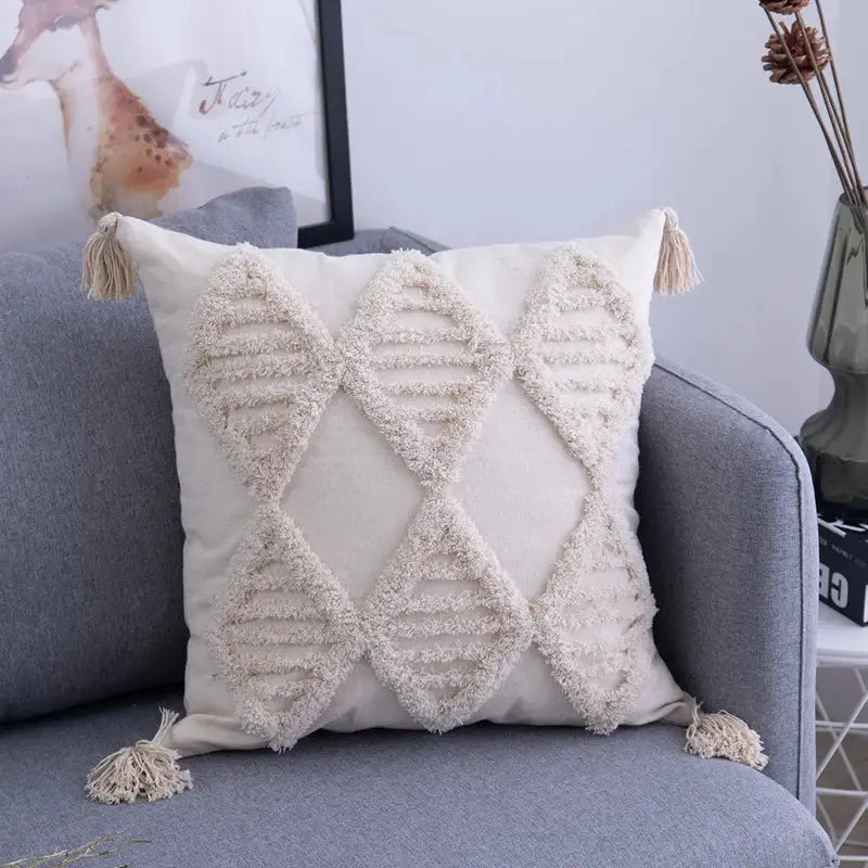 Beige Geometric Tassel Pillow