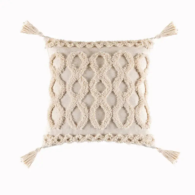 Beige Geometric Tassel Pillow