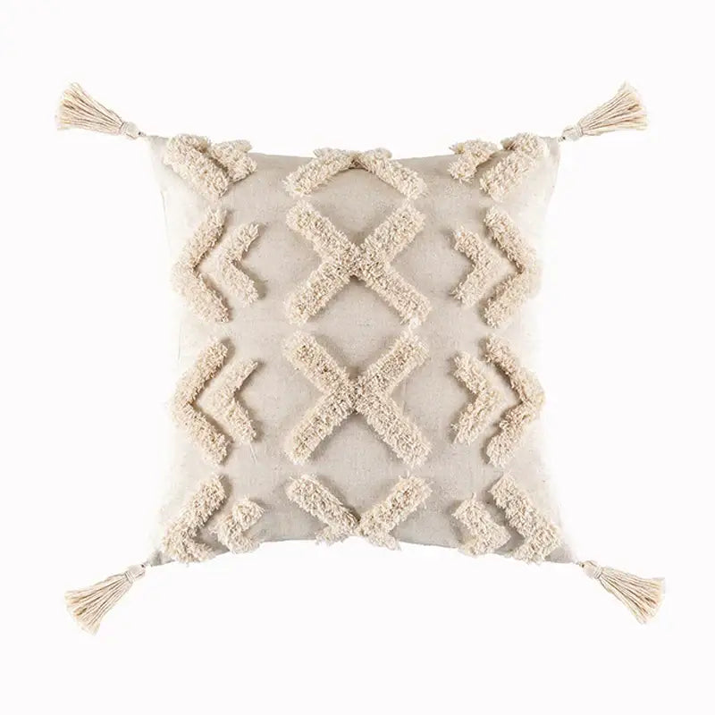 Beige Geometric Tassel Pillow