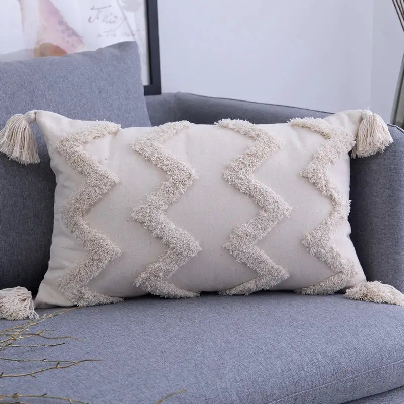 Beige Geometric Tassel Pillow
