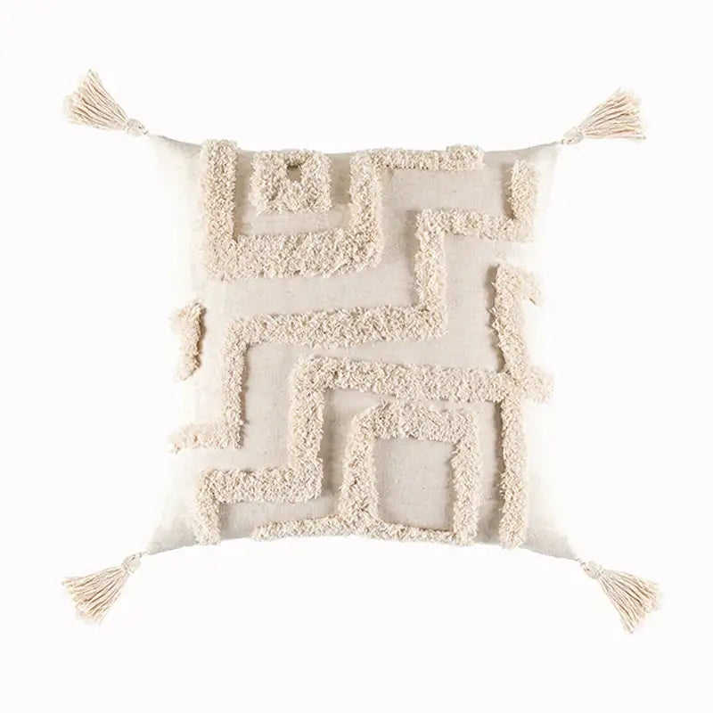 Beige Geometric Tassel Pillow